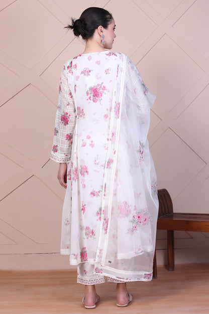 Off White Dori Embroidery Flared Silver Chiffon Kurta, Pants and Dupatta Set