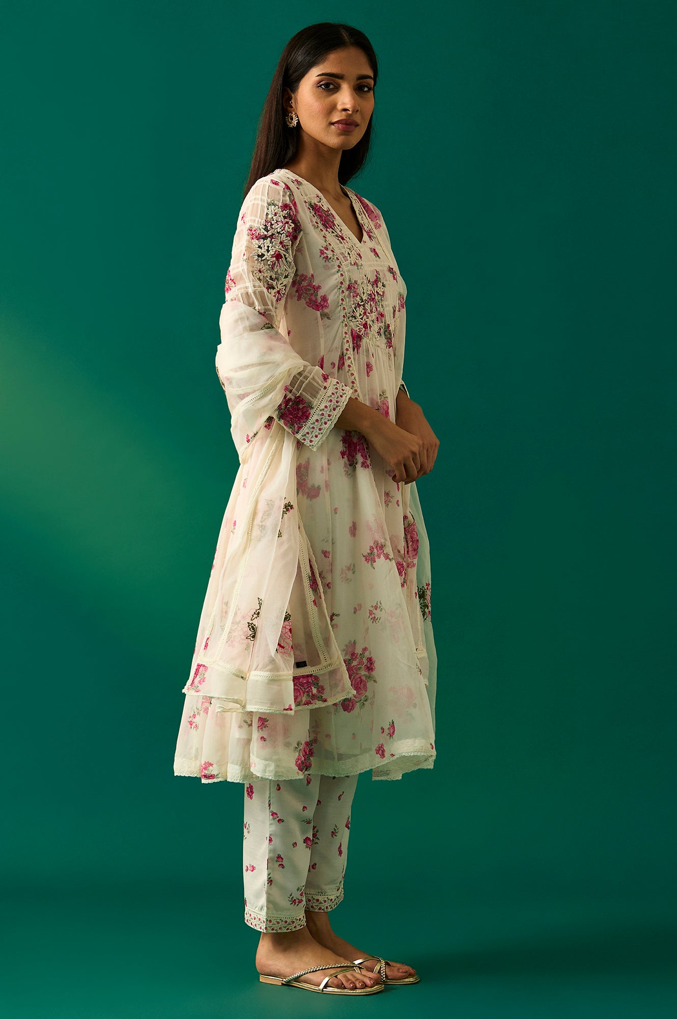 Off White Dori Embroidery Flared Silver Chiffon Kurta, Pants and Dupatta Set