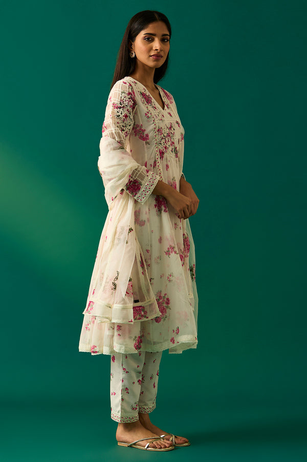 Off White Dori Embroidery Flared Silver Chiffon Kurta, Pants and Dupatta Set