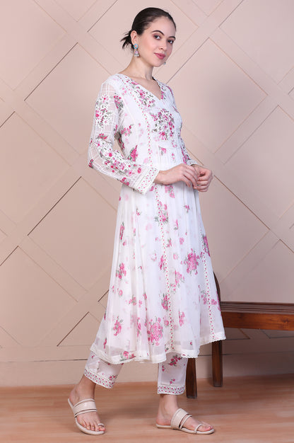Off White Dori Embroidery Flared Silver Chiffon Kurta, Pants and Dupatta Set