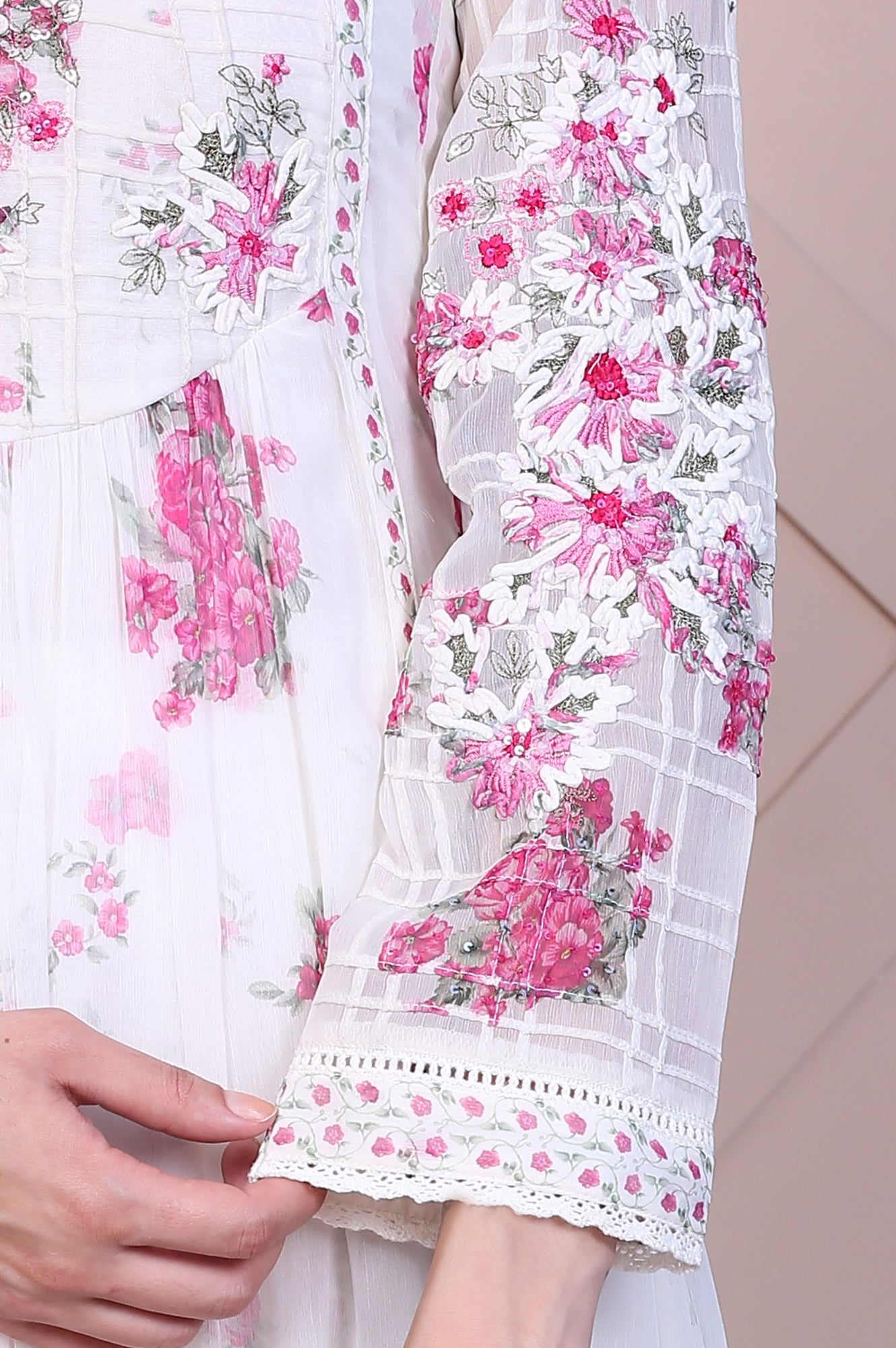 Off White Dori Embroidery Flared Silver Chiffon Kurta, Pants and Dupatta Set