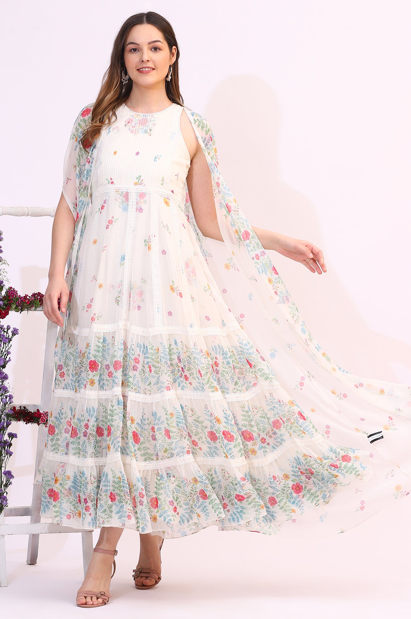 White Floral Printed Chiffon Tiered Flared Dress with Printed Cape