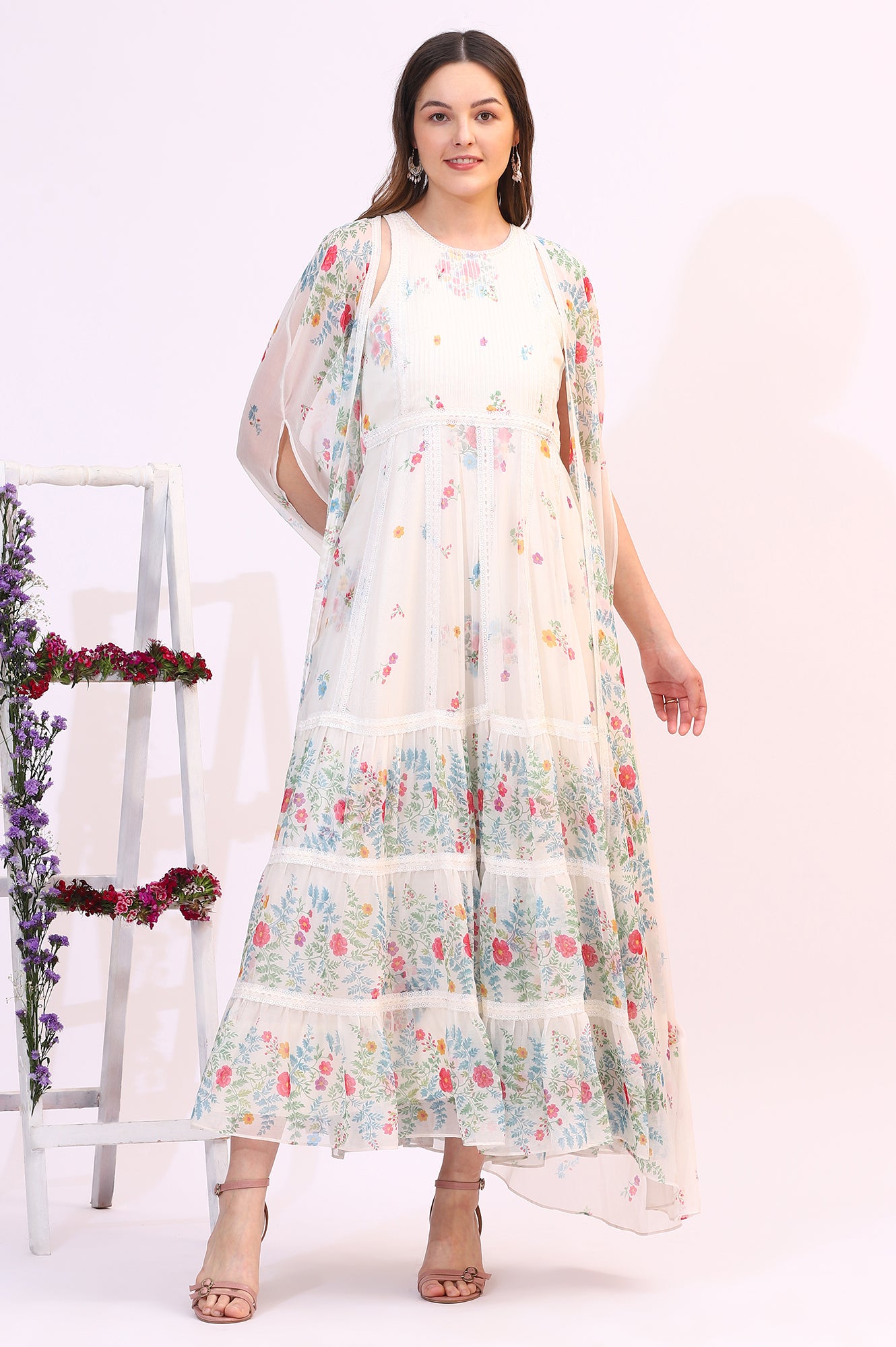 White Floral Printed Chiffon Tiered Flared Dress with Printed Cape