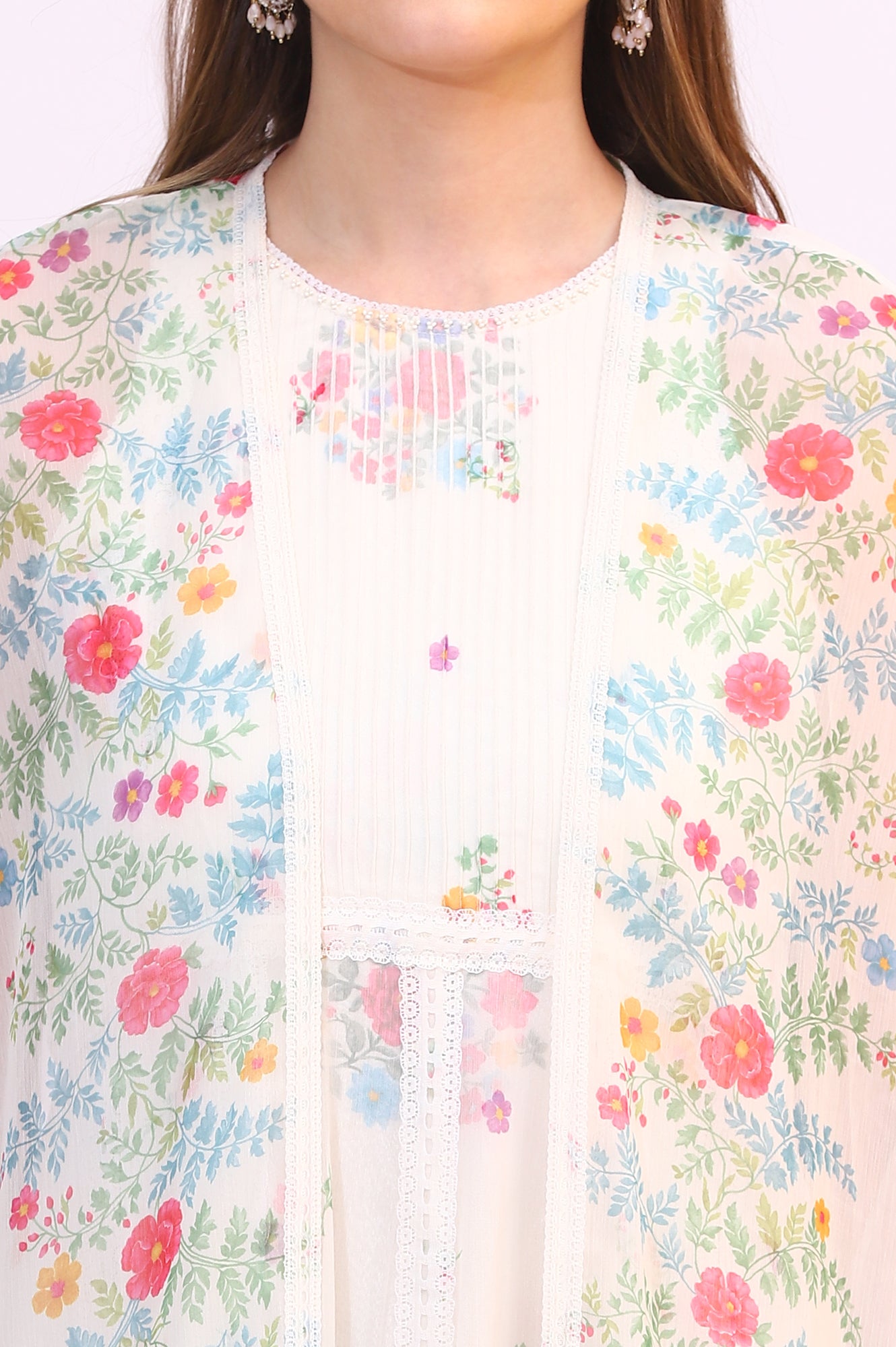 White Floral Printed Chiffon Tiered Flared Dress with Printed Cape