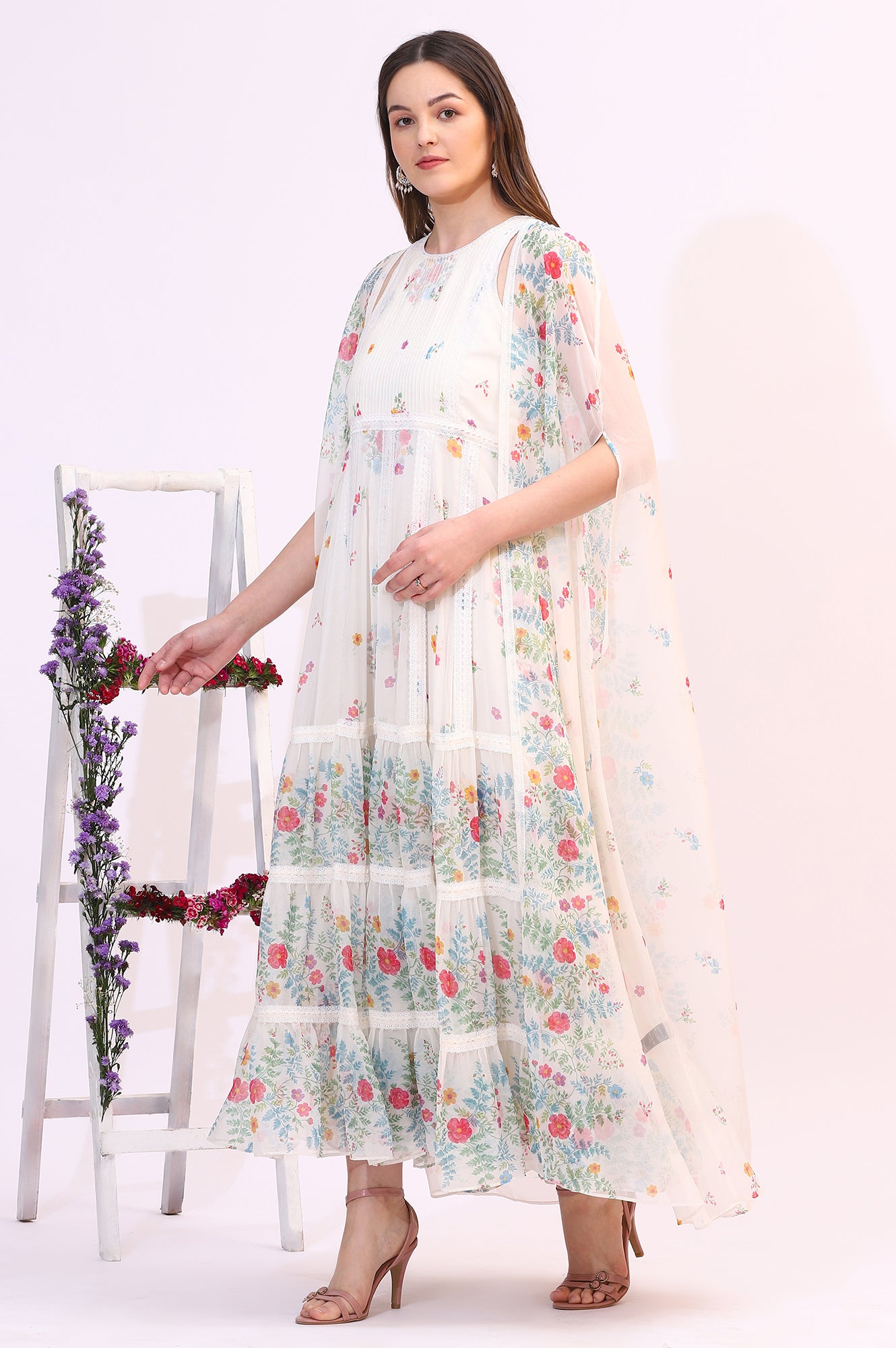 White Floral Printed Chiffon Tiered Flared Dress with Printed Cape