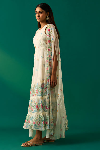 White Floral Printed Chiffon Tiered Flared Dress with Printed Cape