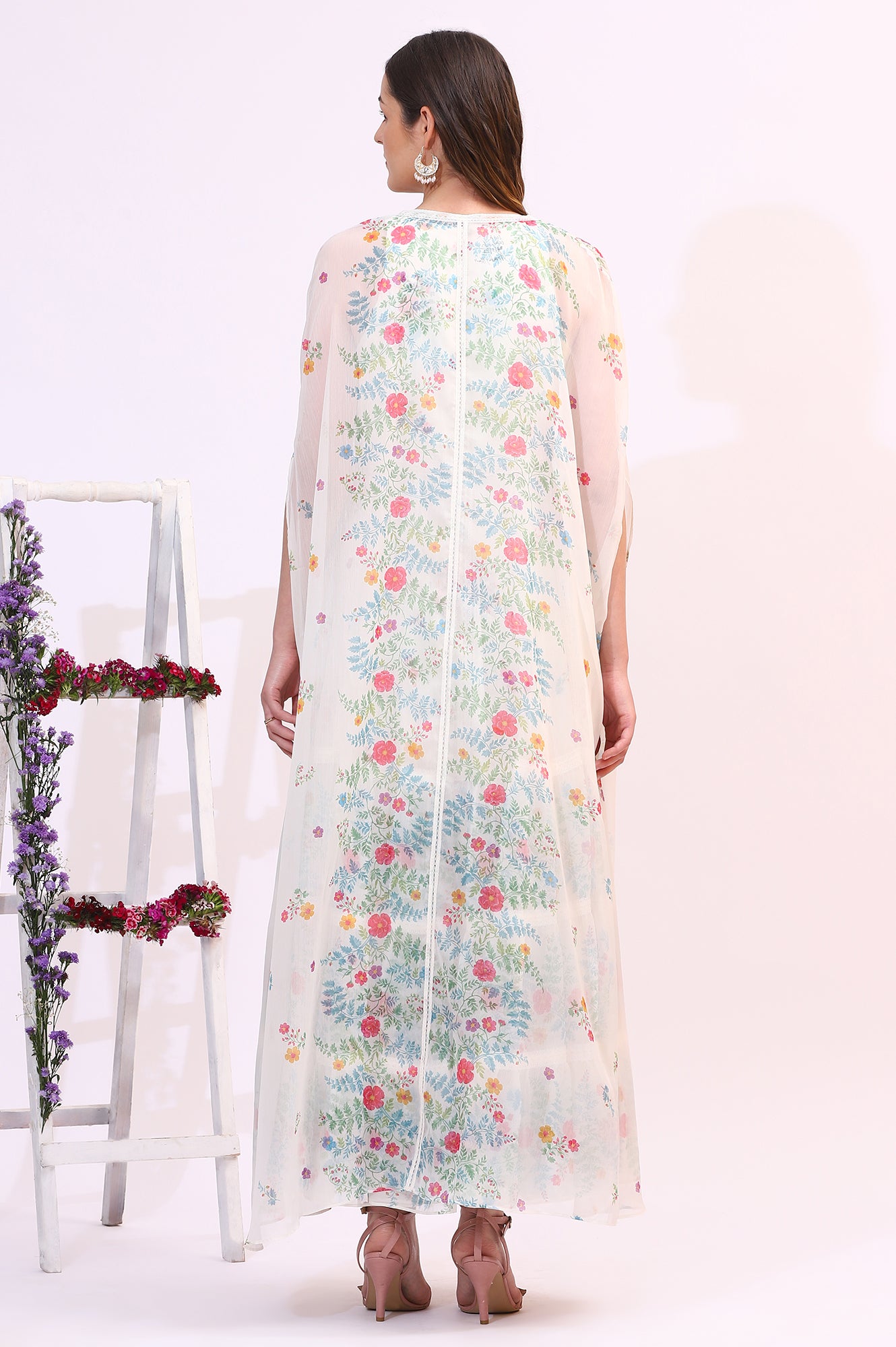 White Floral Printed Chiffon Tiered Flared Dress with Printed Cape