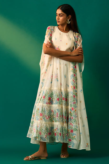 White Floral Printed Chiffon Tiered Flared Dress with Printed Cape