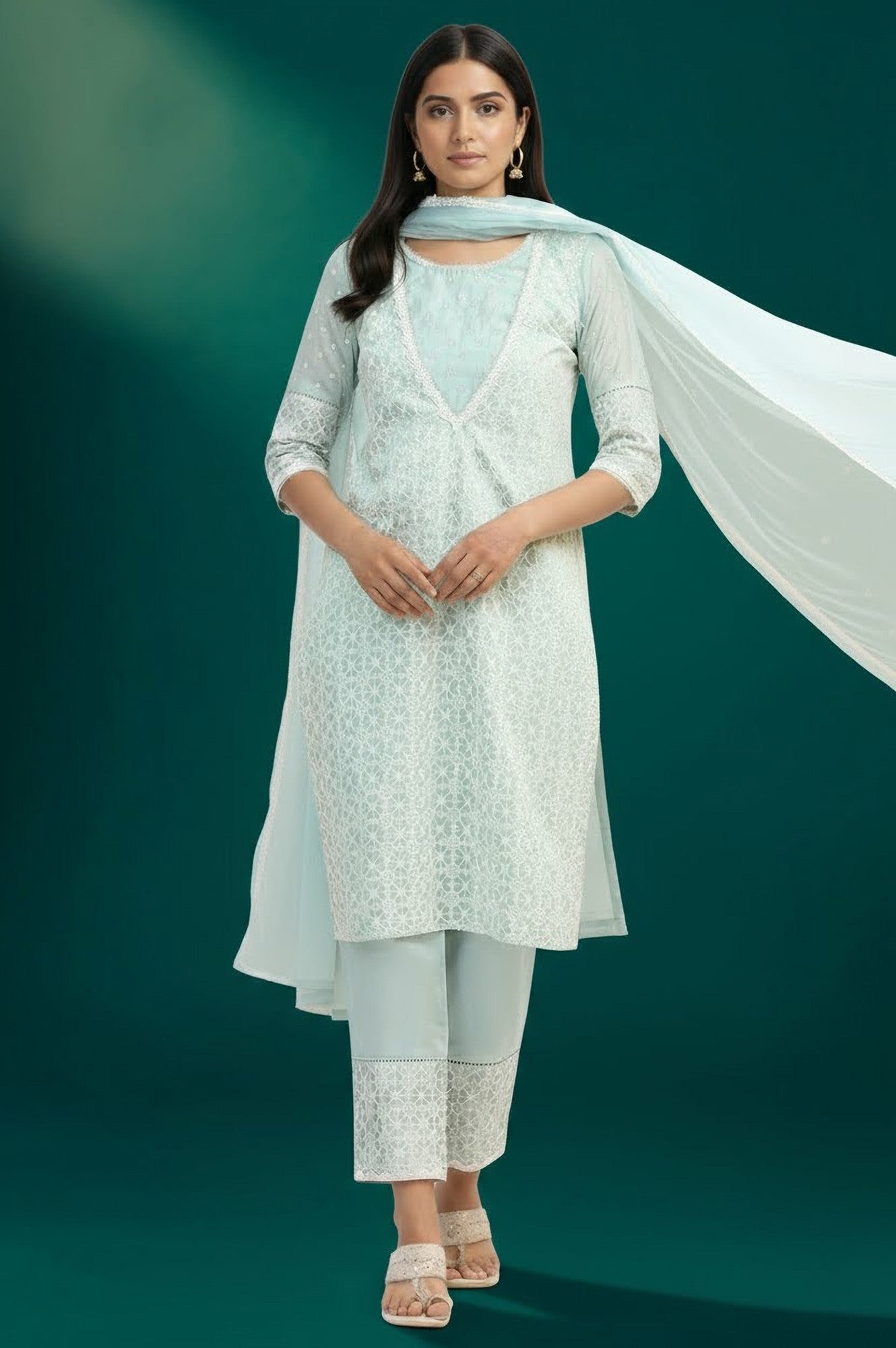 Light Blue Floral Printed Embroidered Tencel Straight Kurta, Pants and Dupatta Set