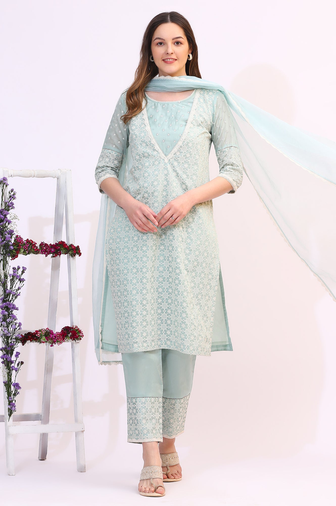 Light Blue Floral Printed Embroidered Tencel Straight Kurta, Pants and Dupatta Set