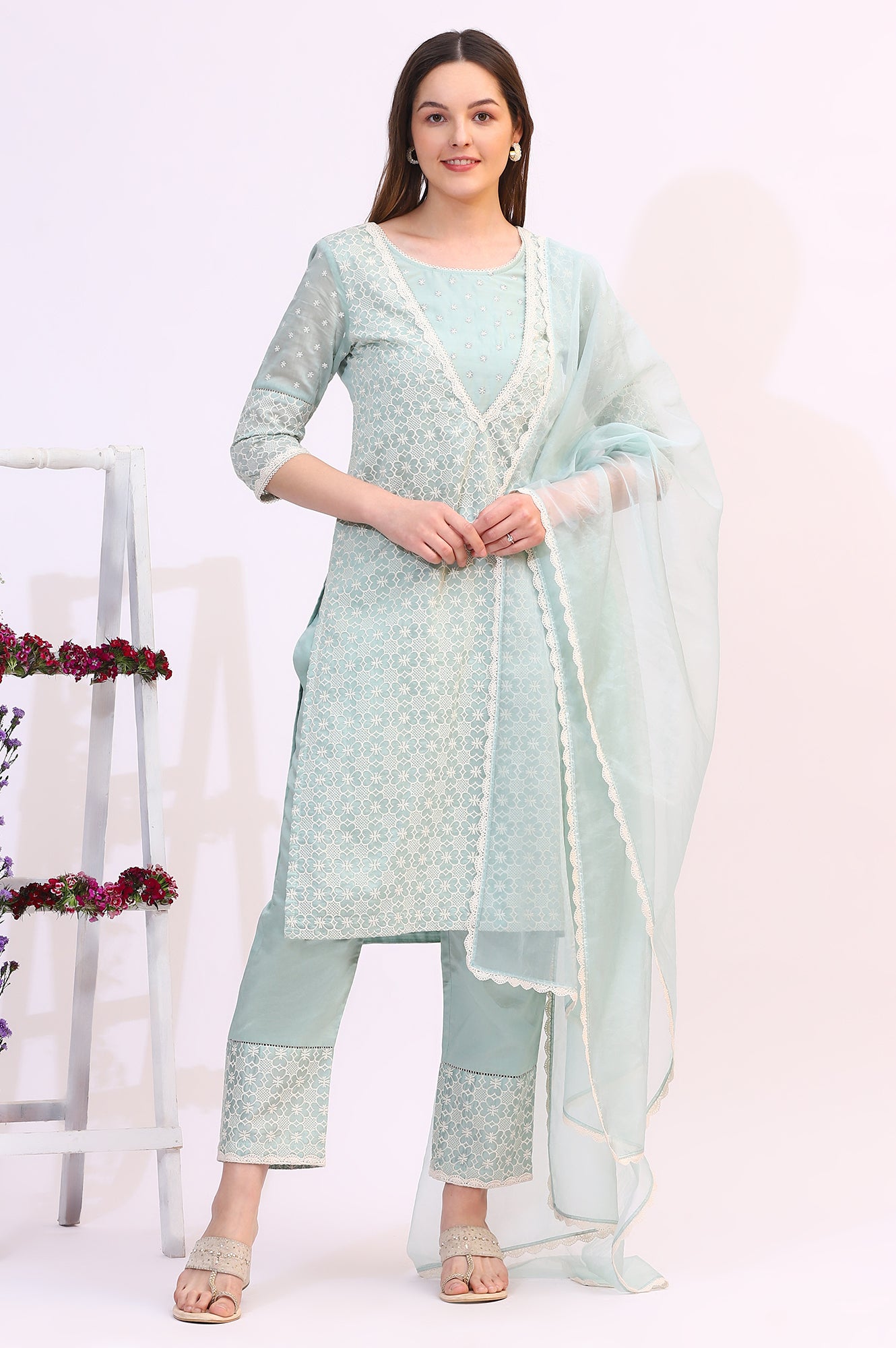 Light Blue Floral Printed Embroidered Tencel Straight Kurta, Pants and Dupatta Set