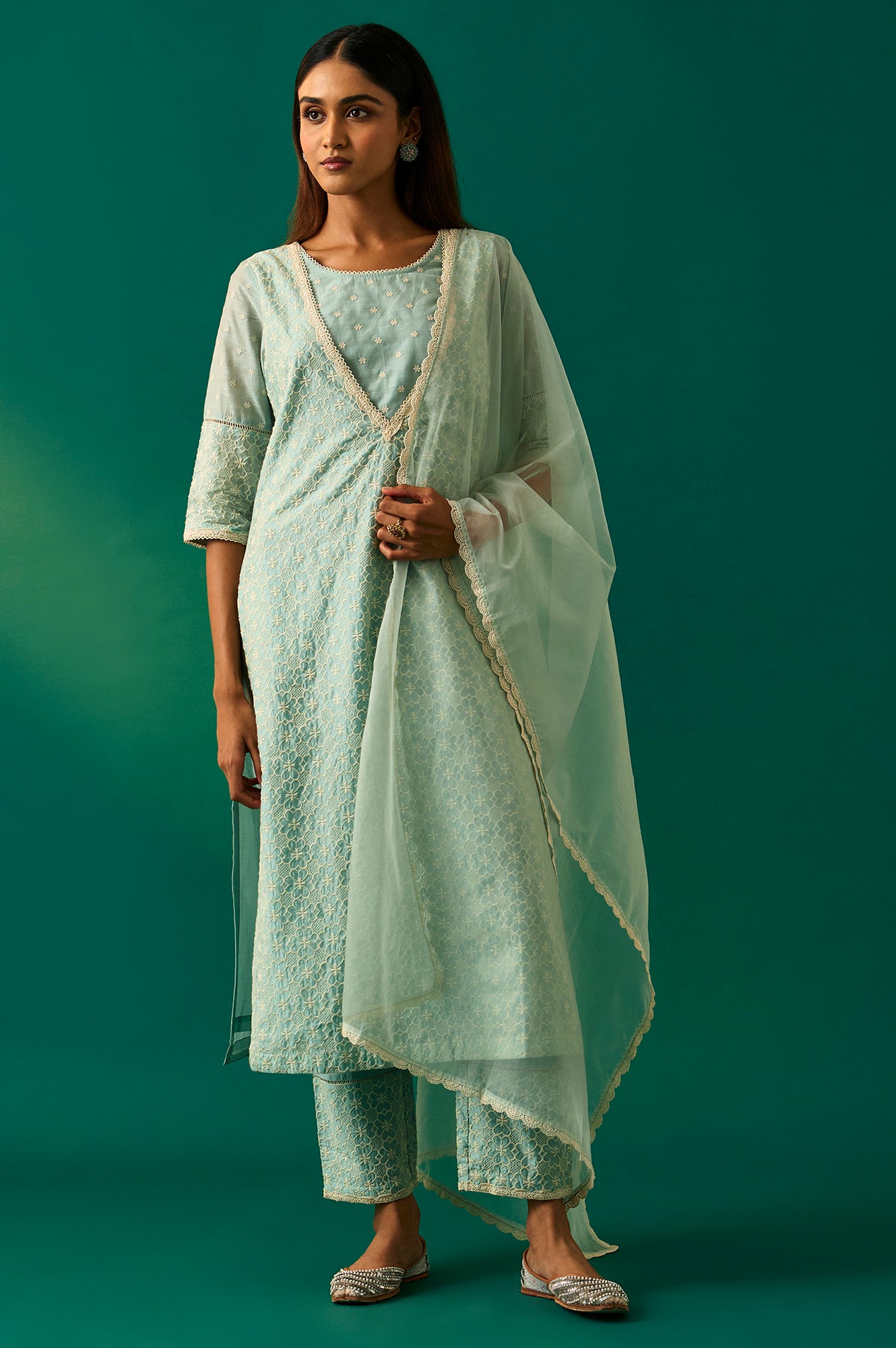 Light Blue Floral Printed Embroidered Tencel Straight Kurta, Pants and Dupatta Set