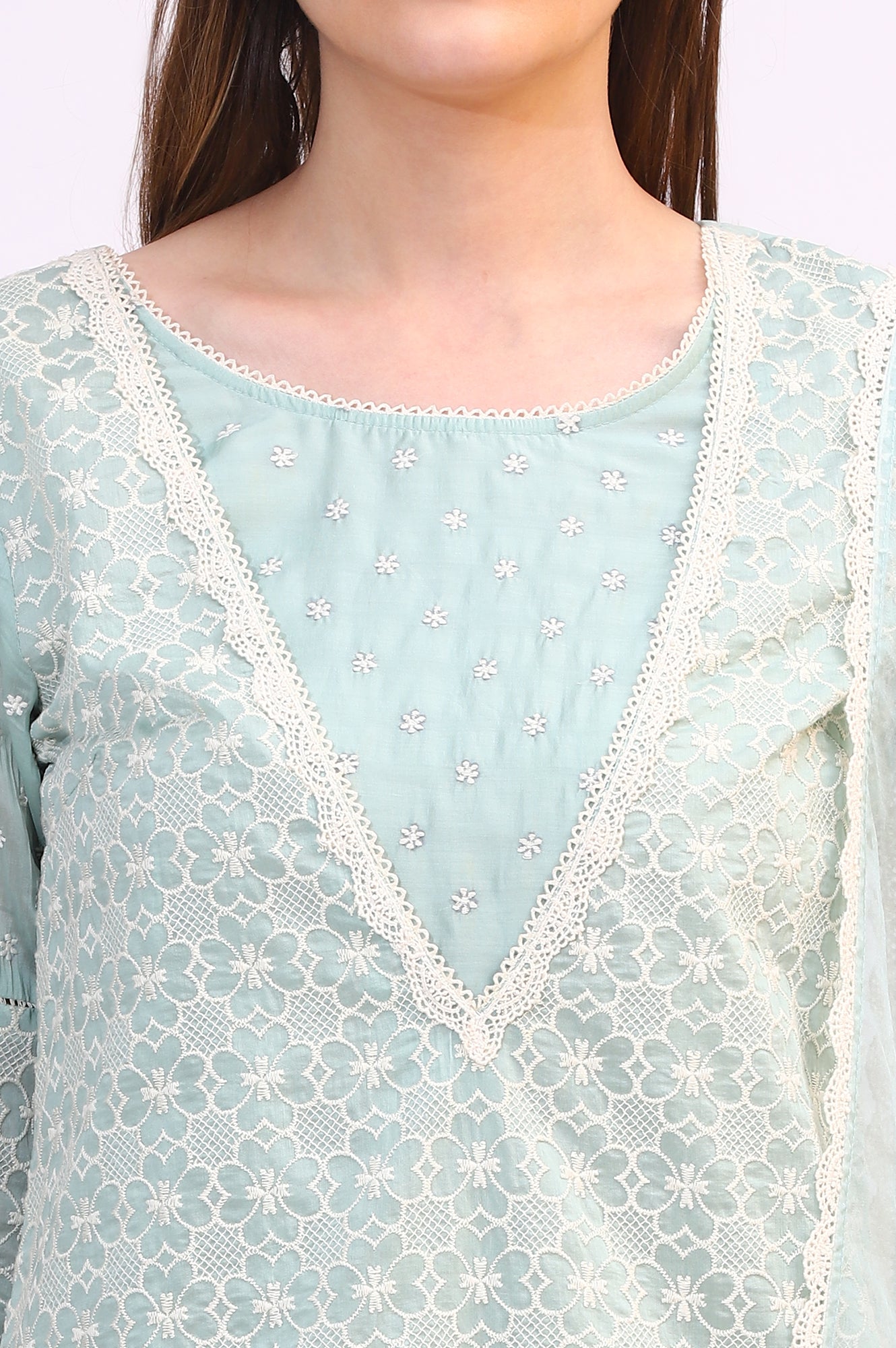 Light Blue Floral Printed Embroidered Tencel Straight Kurta, Pants and Dupatta Set