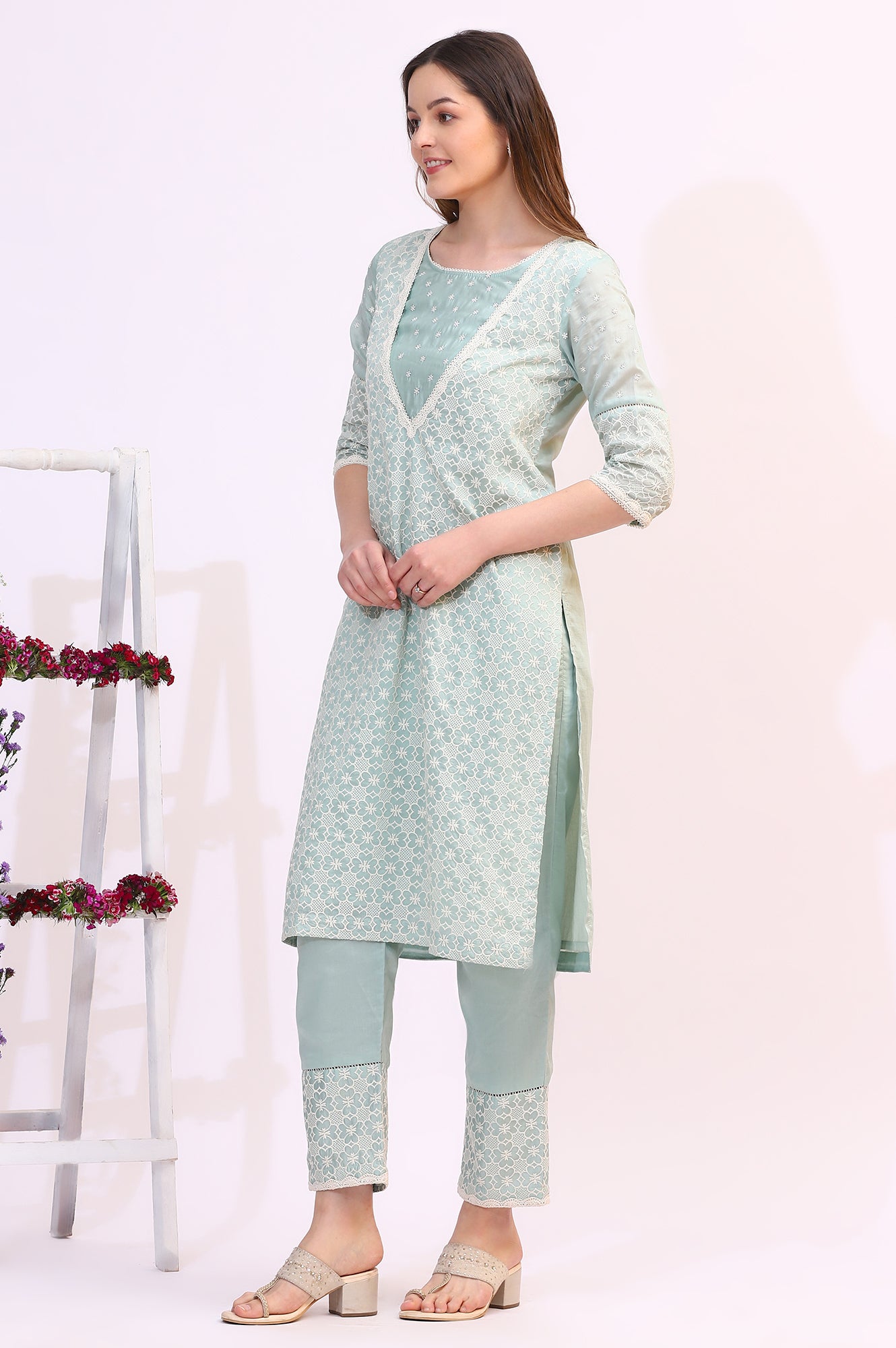 Light Blue Floral Printed Embroidered Tencel Straight Kurta, Pants and Dupatta Set