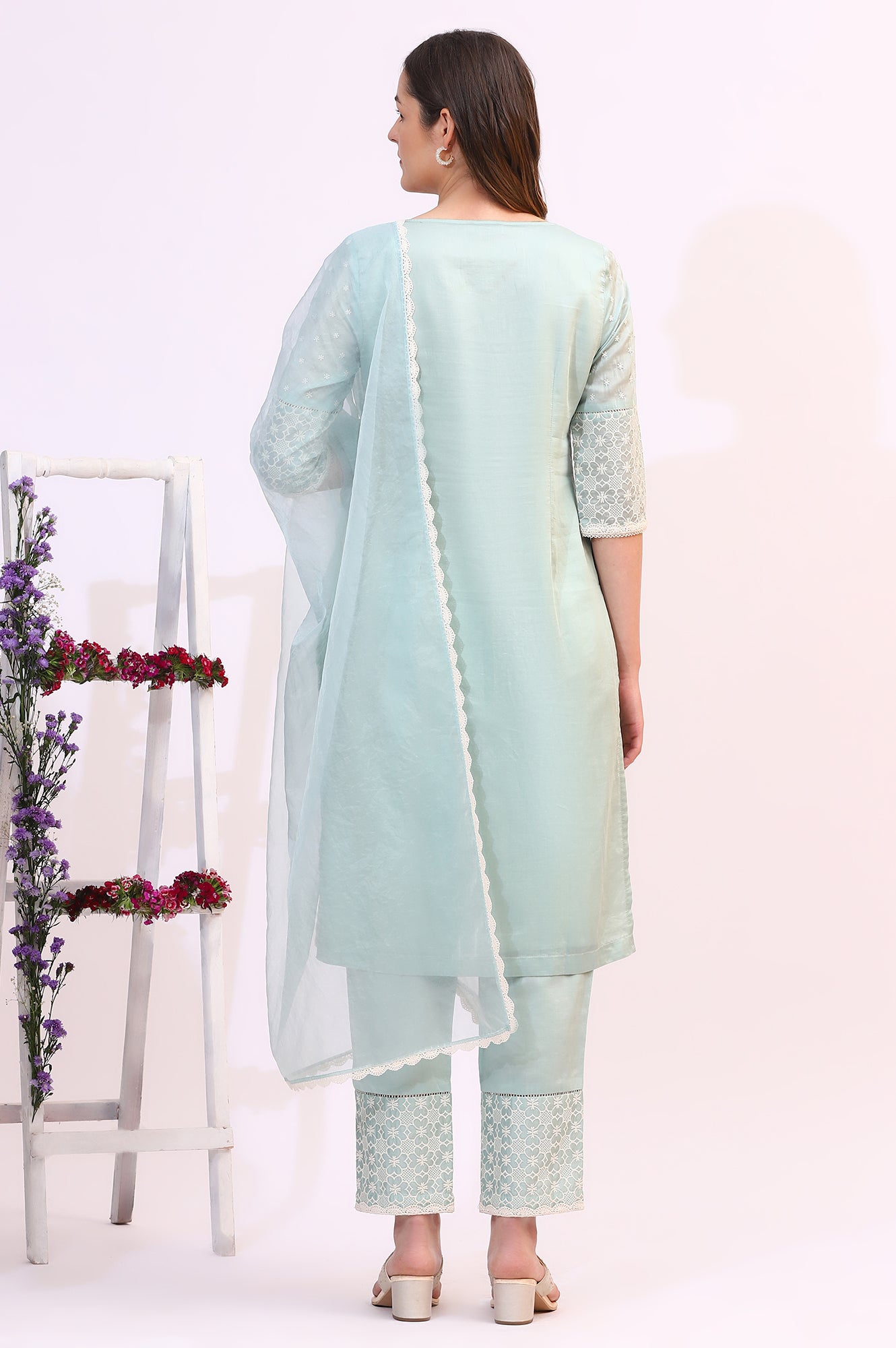 Light Blue Floral Printed Embroidered Tencel Straight Kurta, Pants and Dupatta Set