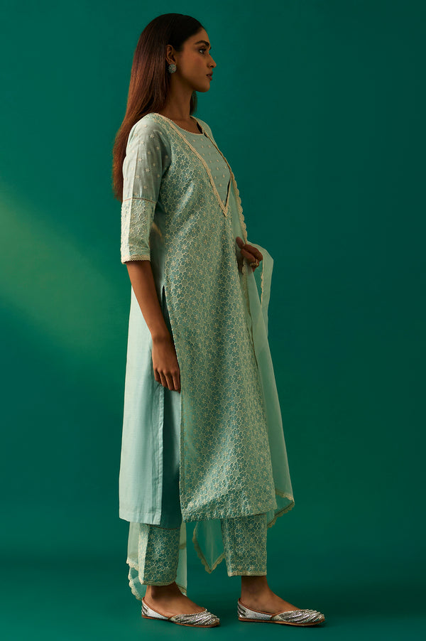 Light Blue Floral Printed Embroidered Tencel Straight Kurta, Pants and Dupatta Set