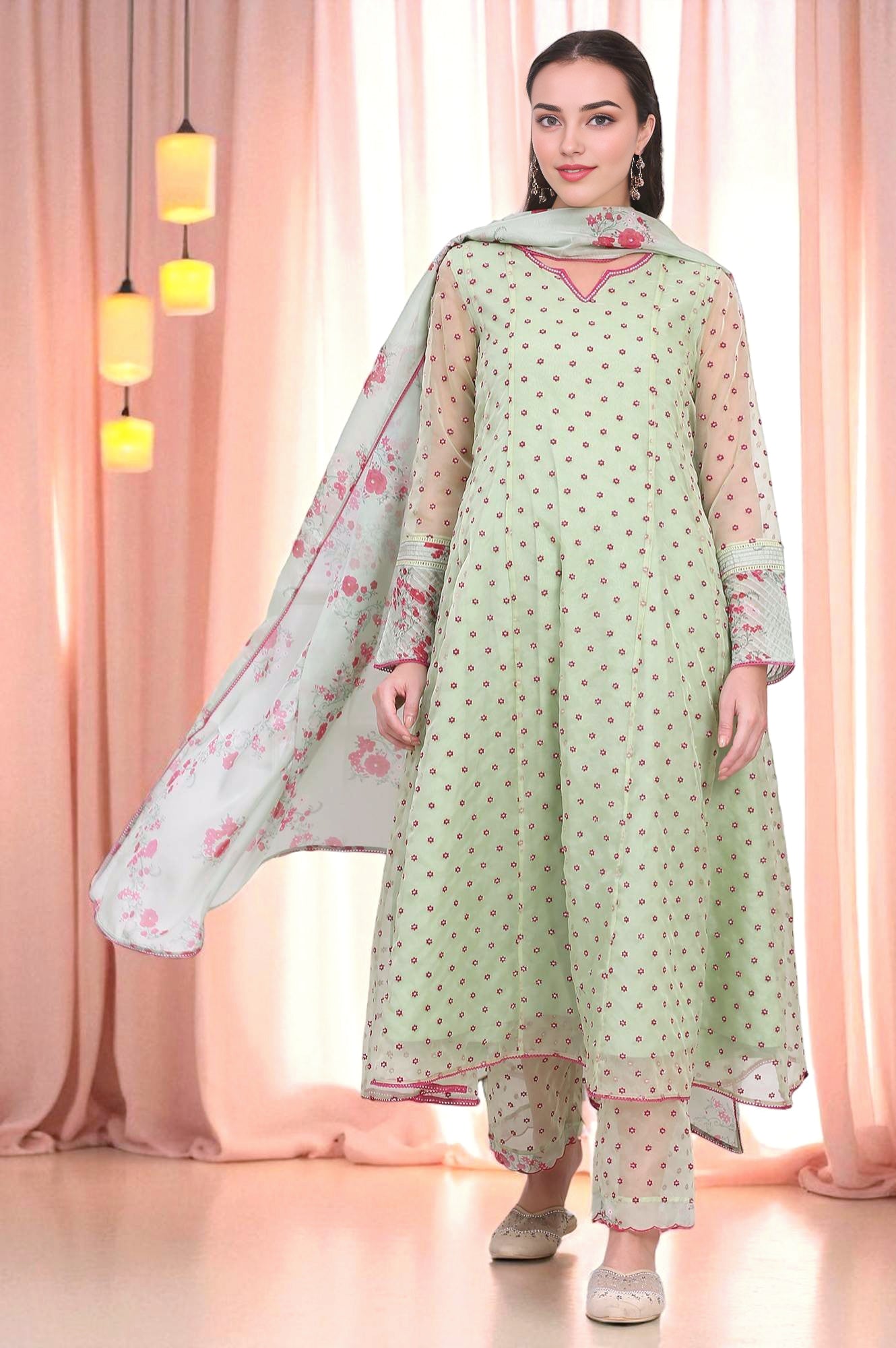 Green Embroidered Organza Flared Kurta, Pant and Printed Dupatta Set