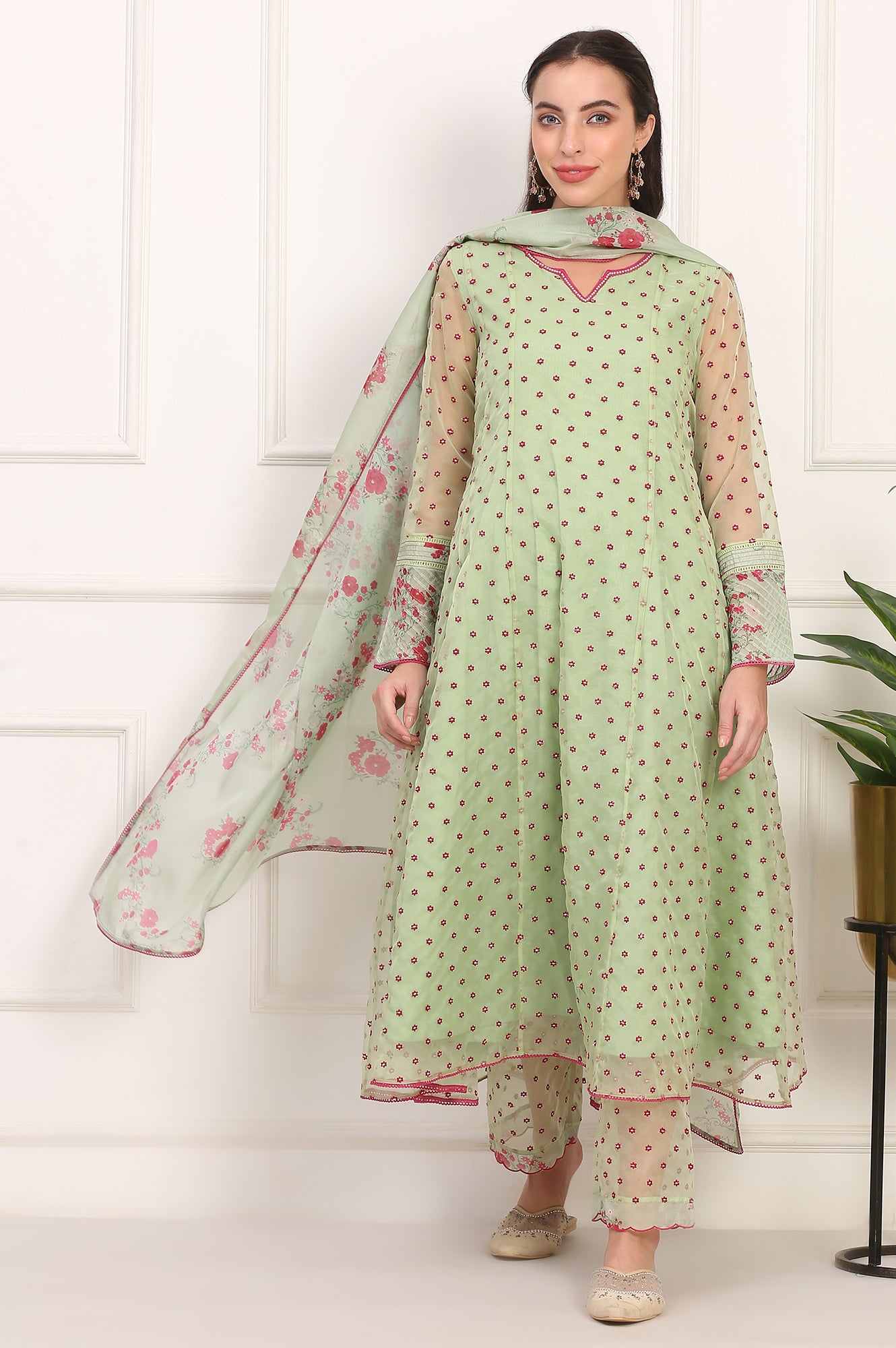 Green Embroidered Organza Flared Kurta, Pant and Printed Dupatta Set