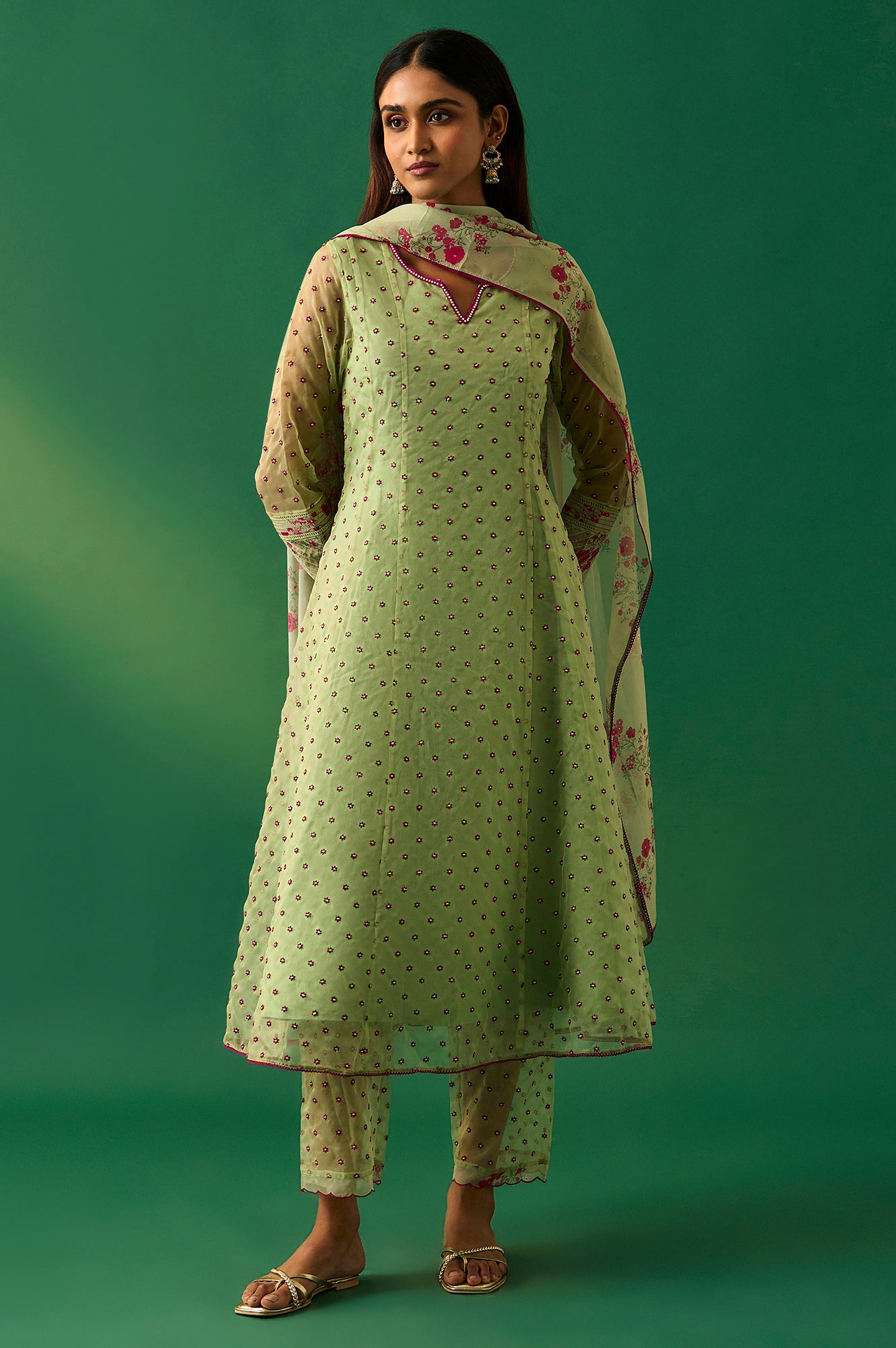 Green Embroidered Organza Flared Kurta, Pant and Printed Dupatta Set