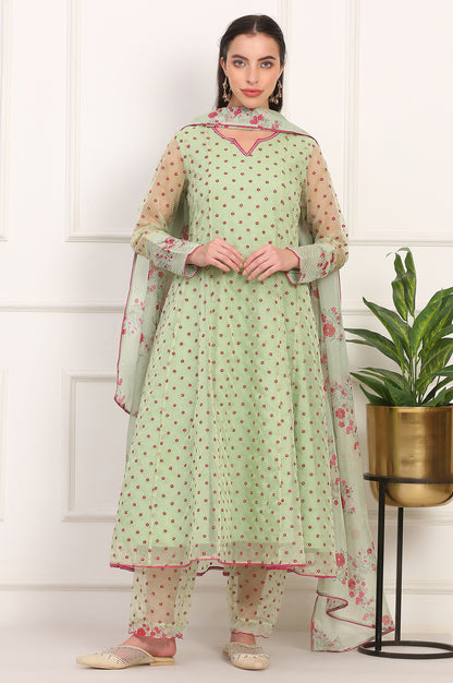 Green Embroidered Organza Flared Kurta, Pant and Printed Dupatta Set