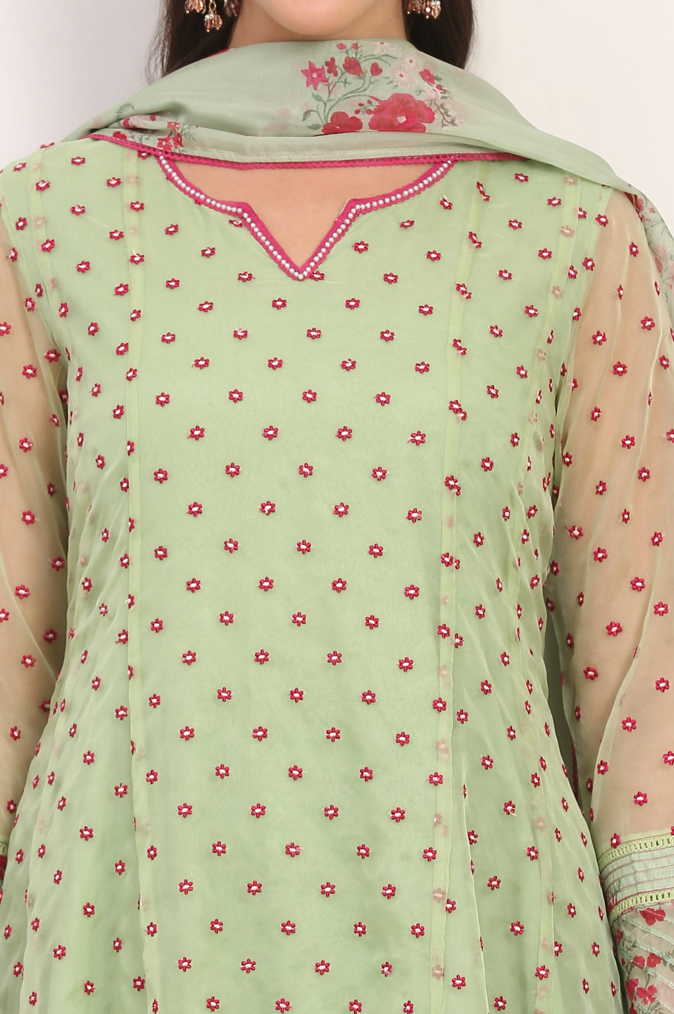 Green Embroidered Organza Flared Kurta, Pant and Printed Dupatta Set