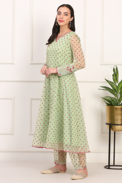 Green Embroidered Organza Flared Kurta, Pant and Printed Dupatta Set
