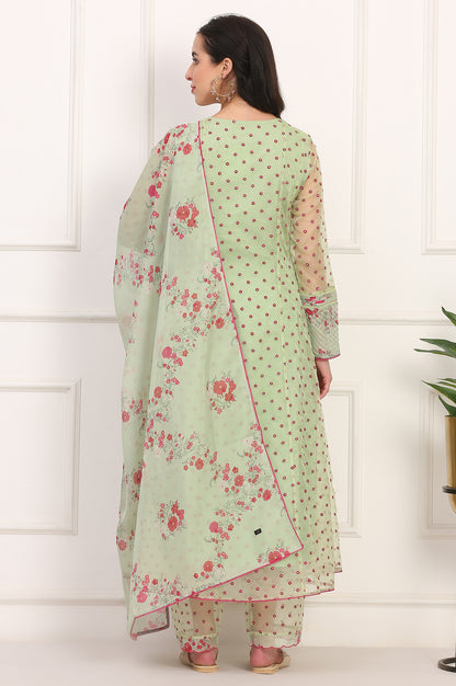 Green Embroidered Organza Flared Kurta, Pant and Printed Dupatta Set