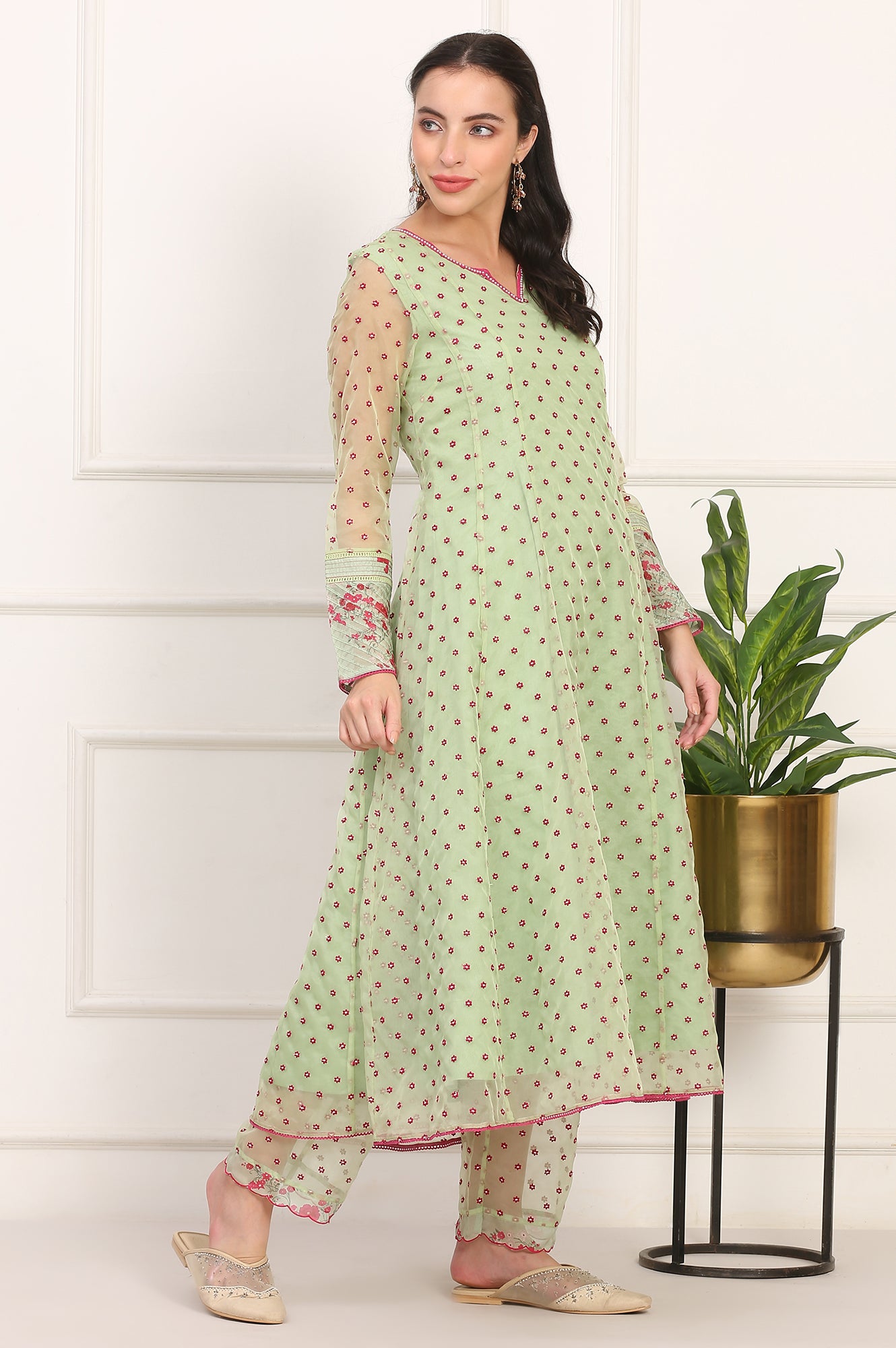 Green Embroidered Organza Flared Kurta, Pant and Printed Dupatta Set