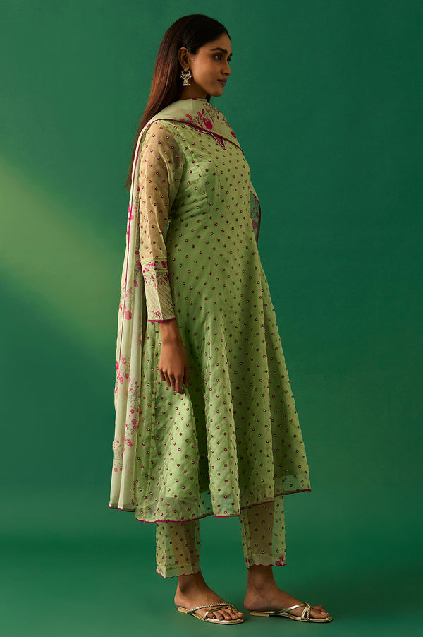 Green Embroidered Organza Flared Kurta, Pant and Printed Dupatta Set