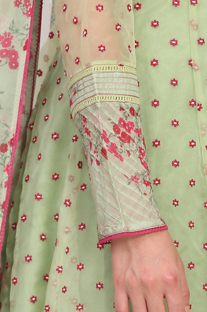 Green Embroidered Organza Flared Kurta, Pant and Printed Dupatta Set
