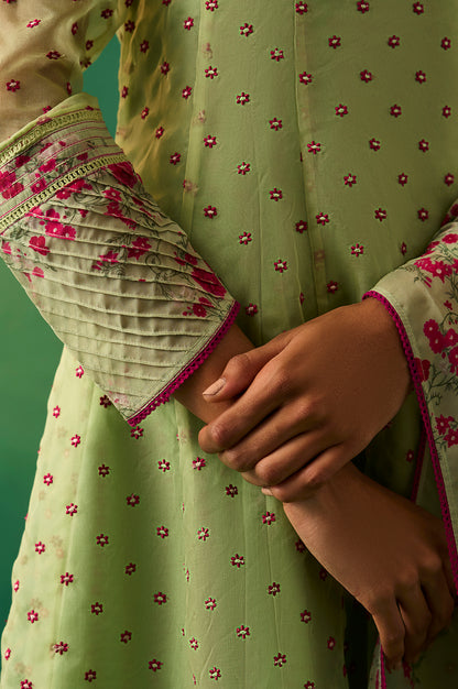 Green Embroidered Organza Flared Kurta, Pant and Printed Dupatta Set