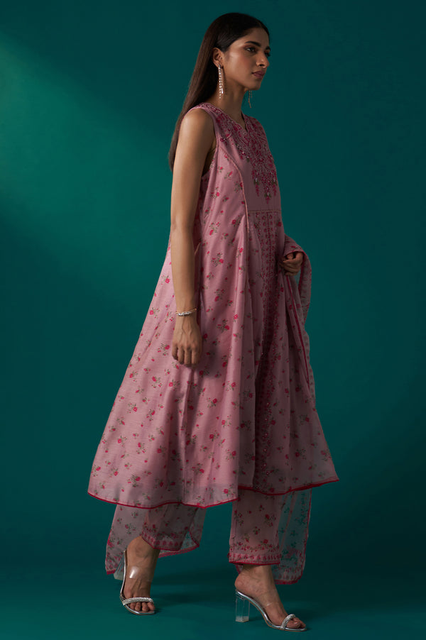 Pink Floral Printed Dori Embroidered Sleeveless Flared Kurta, Pants and Dupatta Set