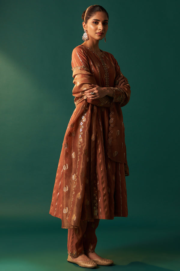 Copper Brown Metallic Embroidered Flared Chanderi Kurta with Straight Pant and Dupatta Set