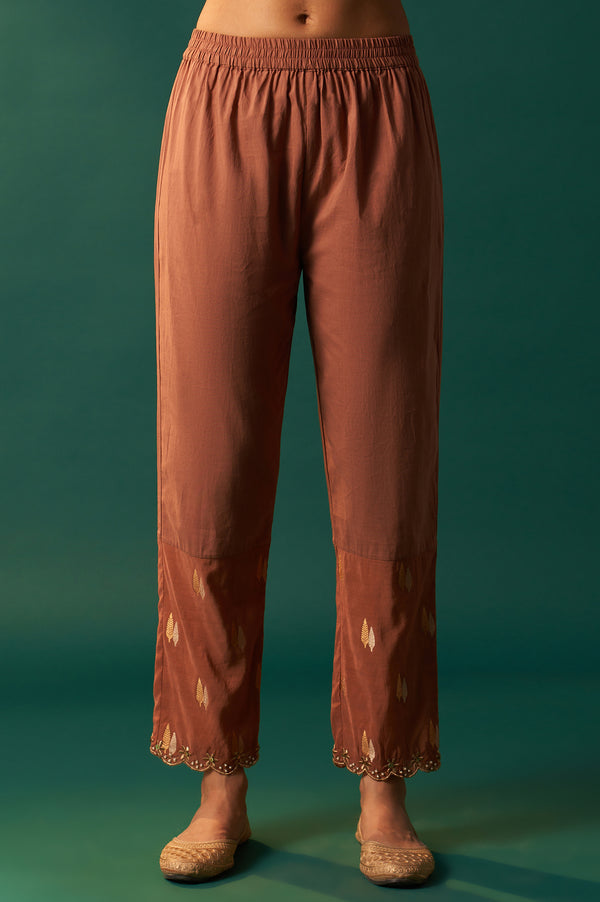 Copper Brown Metallic Embroidered Flared Chanderi Kurta with Straight Pant and Dupatta Set