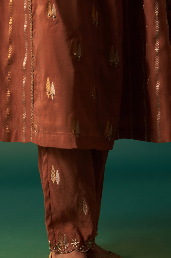 Copper Brown Metallic Embroidered Flared Chanderi Kurta with Straight Pant and Dupatta Set