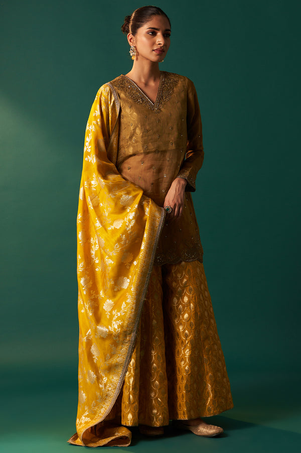 Mustard Solid Printed Silk Organza Straight Kurta, Culotte and Dupatta Set