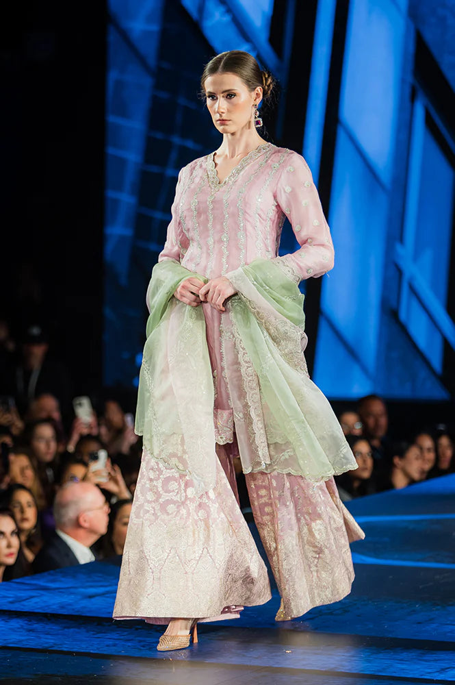 Lilac Embroidered Panelled Silk Organza Short Kurta with Culotte and Dupatta Set