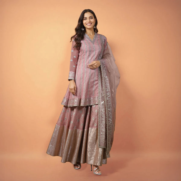 Lilac Embroidered Panelled Silk Organza Short Kurta with Culotte and Dupatta Set