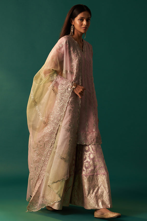 Lilac Embroidered Panelled Silk Organza Short Kurta with Culotte and Dupatta Set
