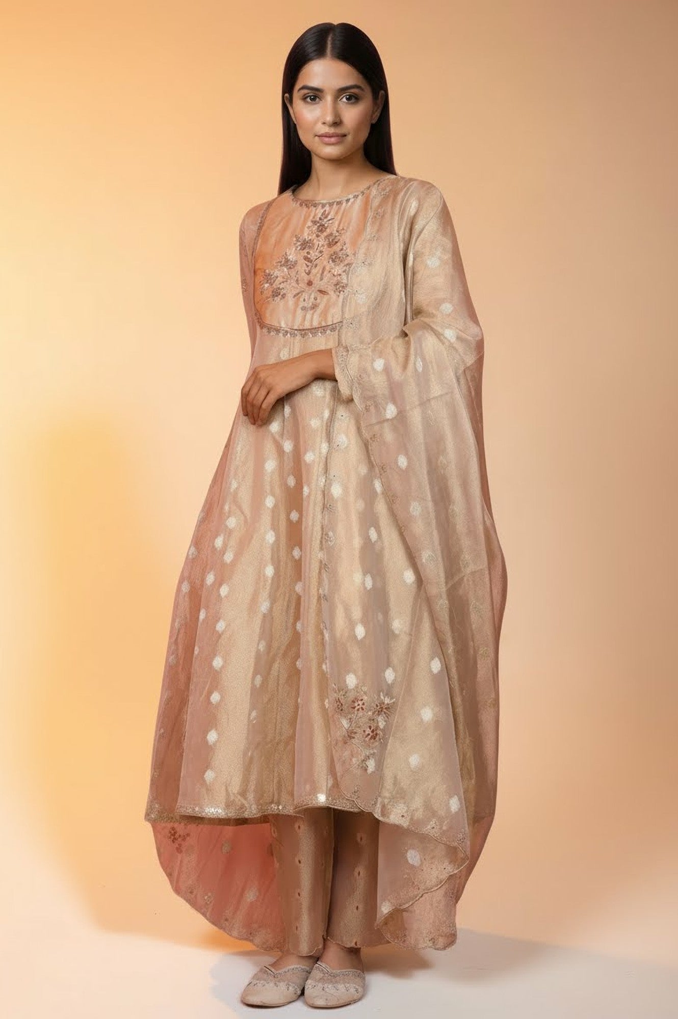 Golden Metallic Emroidered Tissue Jacquard Festive Anarkali Kurta, Pants and Dupatta Set