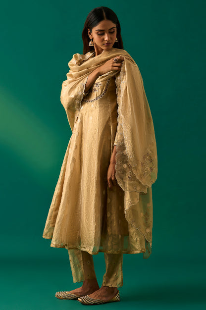 Golden Metallic Emroidered Tissue Jacquard Festive Anarkali Kurta, Pants and Dupatta Set