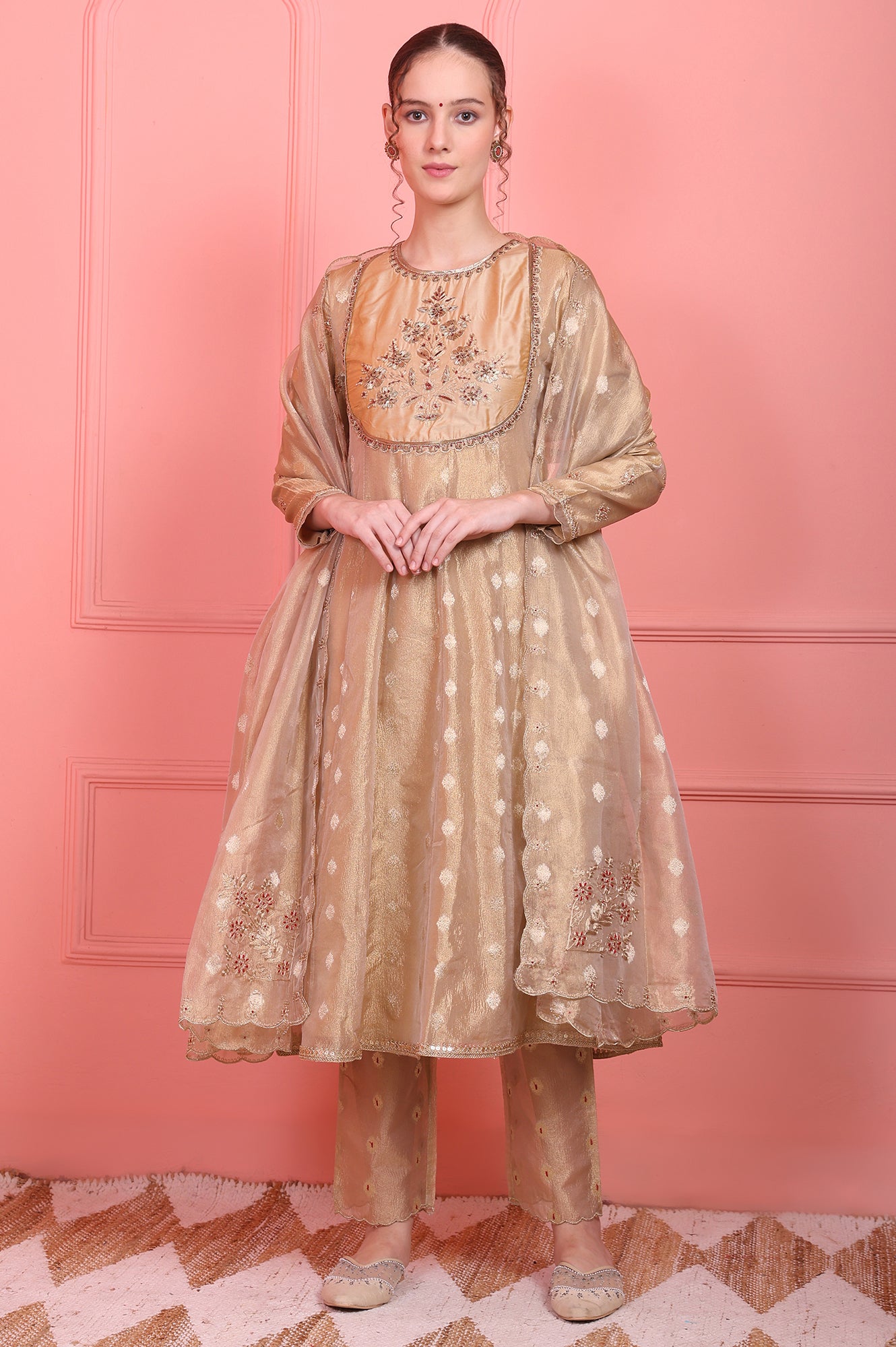 Golden Metallic Emroidered Tissue Jacquard Festive Anarkali Kurta, Pants and Dupatta Set