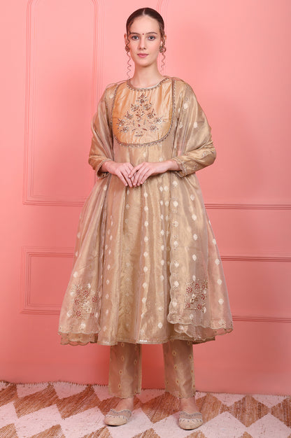 Golden Metallic Emroidered Tissue Jacquard Festive Anarkali Kurta, Pants and Dupatta Set