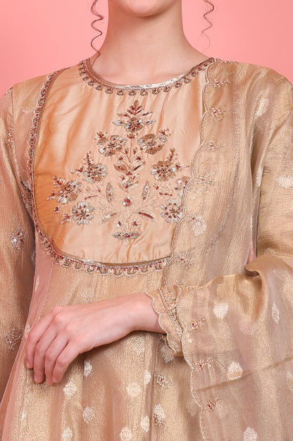 Golden Metallic Emroidered Tissue Jacquard Festive Anarkali Kurta, Pants and Dupatta Set