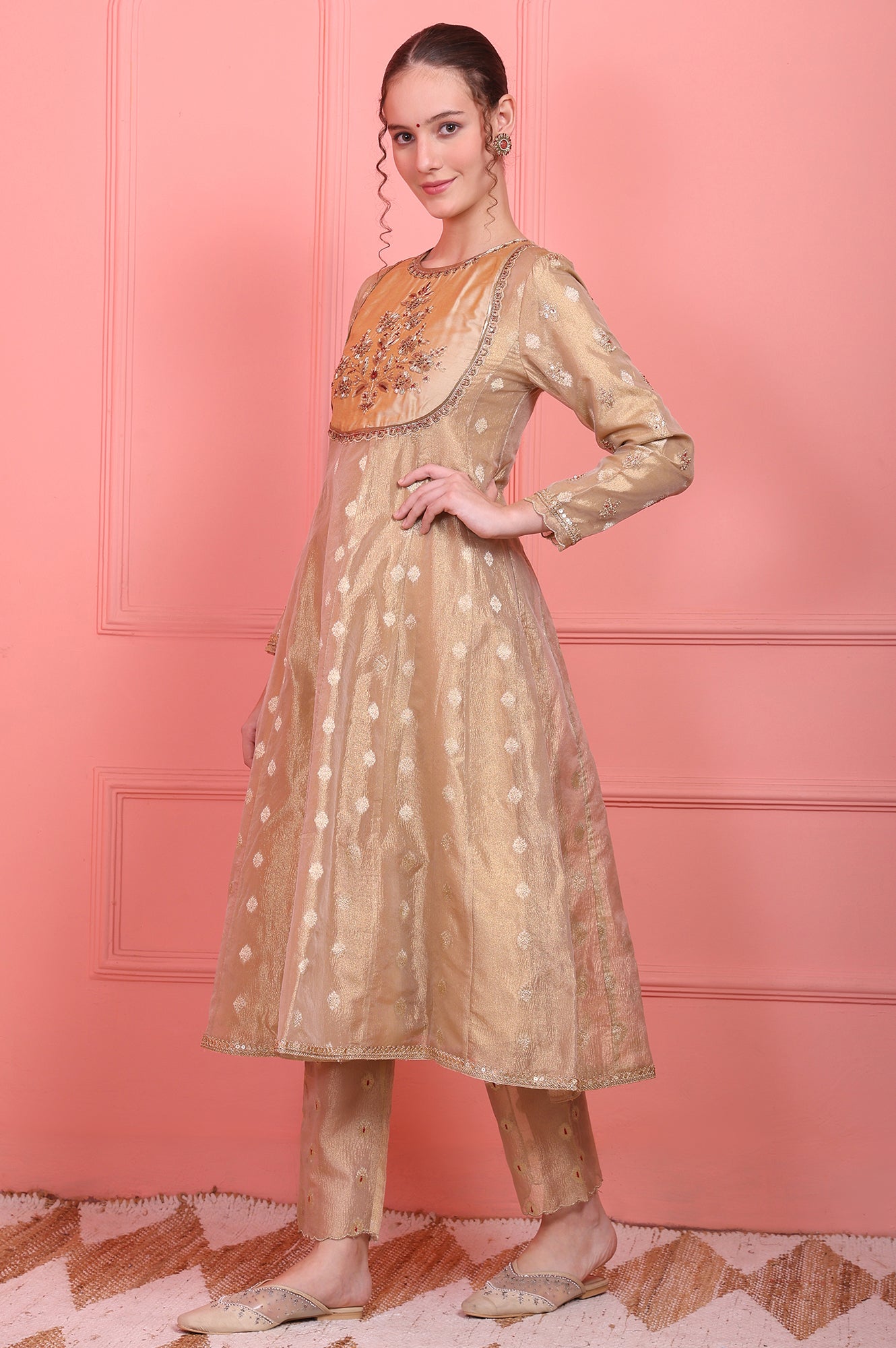 Golden Metallic Emroidered Tissue Jacquard Festive Anarkali Kurta, Pants and Dupatta Set
