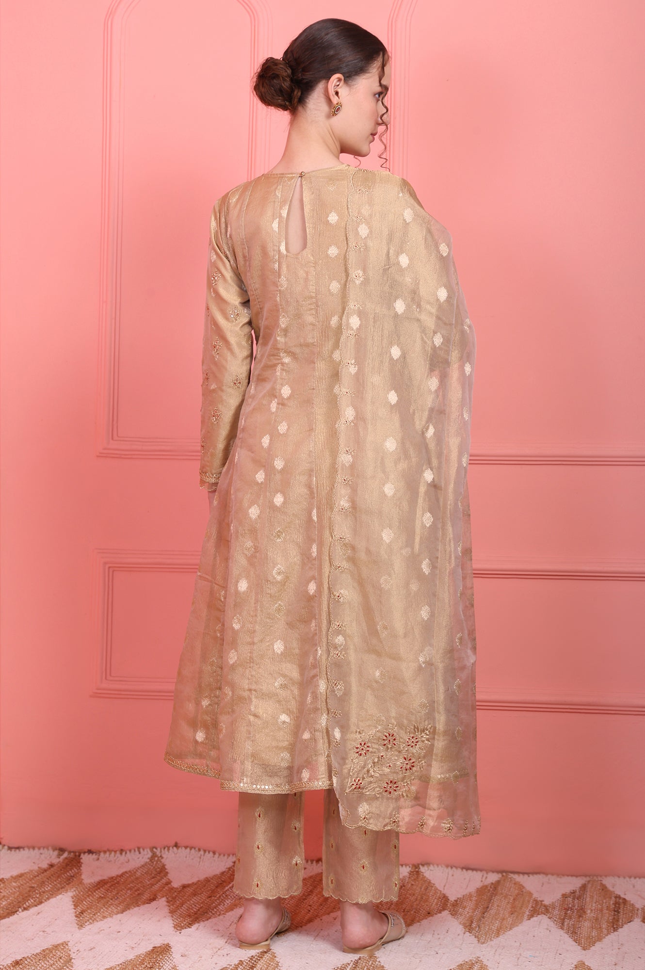 Golden Metallic Emroidered Tissue Jacquard Festive Anarkali Kurta, Pants and Dupatta Set