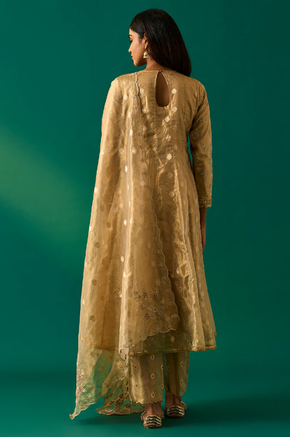 Golden Metallic Emroidered Tissue Jacquard Festive Anarkali Kurta, Pants and Dupatta Set