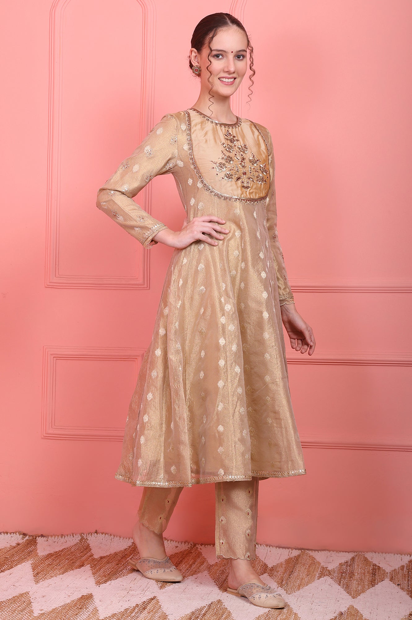 Golden Metallic Emroidered Tissue Jacquard Festive Anarkali Kurta, Pants and Dupatta Set
