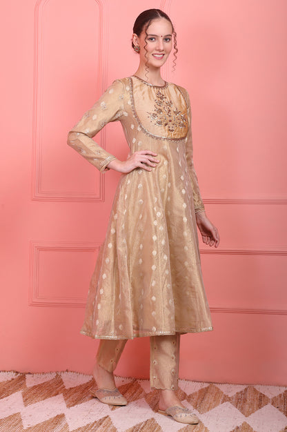 Golden Metallic Emroidered Tissue Jacquard Festive Anarkali Kurta, Pants and Dupatta Set