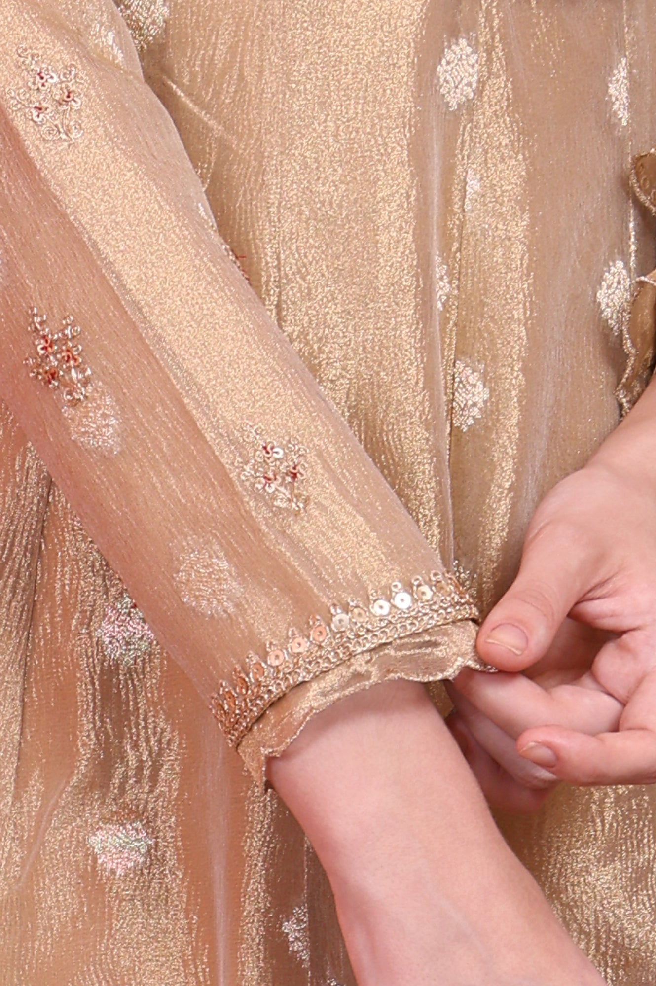 Golden Metallic Emroidered Tissue Jacquard Festive Anarkali Kurta, Pants and Dupatta Set